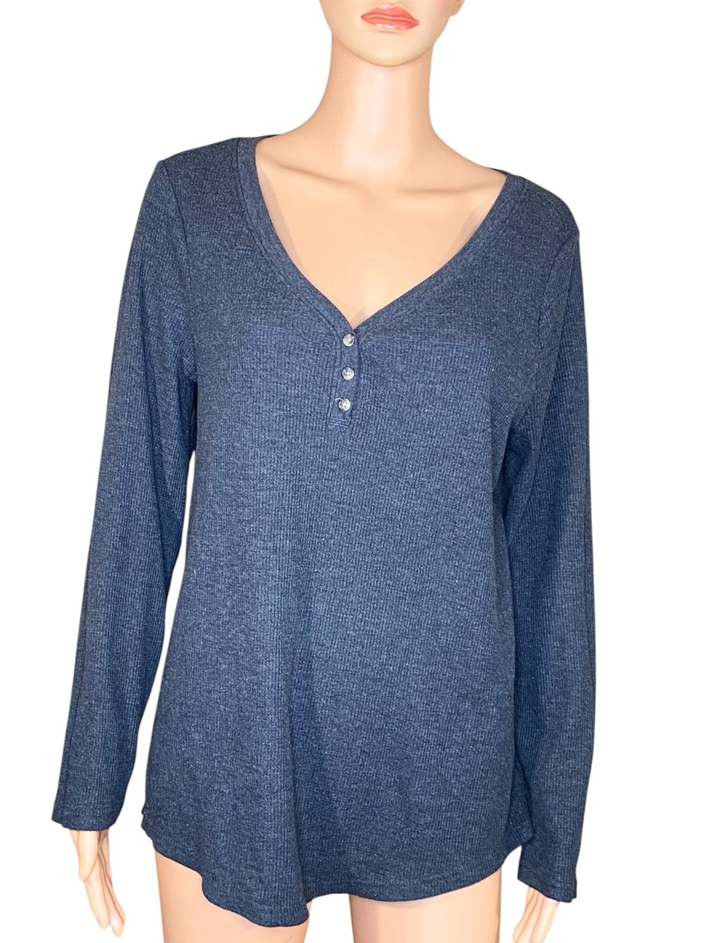Terra & Sky Gray Thermal Henley for Women Casual V Neckline Button Down SZ 0X